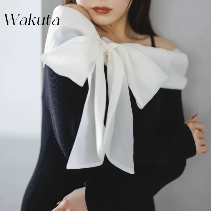 WAKUTA Japanese Kawaii One Shoulder Bow Knitted Dress Casual Original Style Strap Wrap Hip Maxi Robe Female Clothing Y2k Gown