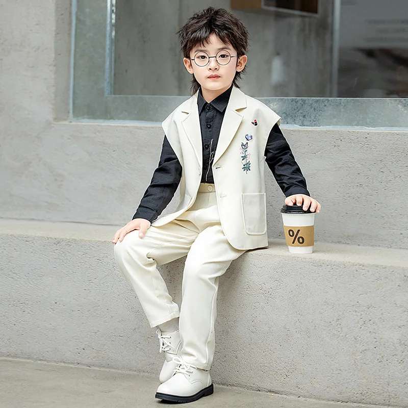 Kids Chinese Vest Pant Tuxedos Boys Waistcoat Wedding Clothes Sets Toddler Formal Dress Suits Children Hanfu Gentlemen Outfits