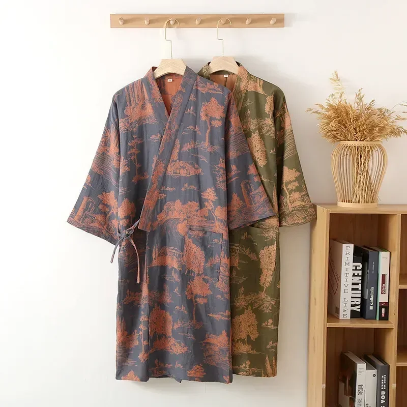 

For Bathrobe Male Nightwear Printed Soft Half Sleepwear Gown Men Floral Home Cotton Sleeve Loose Pure Clothes Dressing Wear