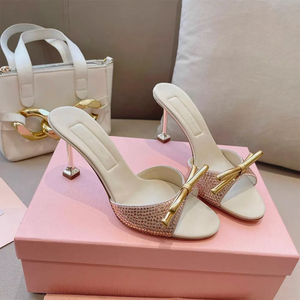 New Bow High-Heeled Slippers Wear Sweet Thin Heel One-Line Sandals  Rhinestone Sexy Mules Shoes