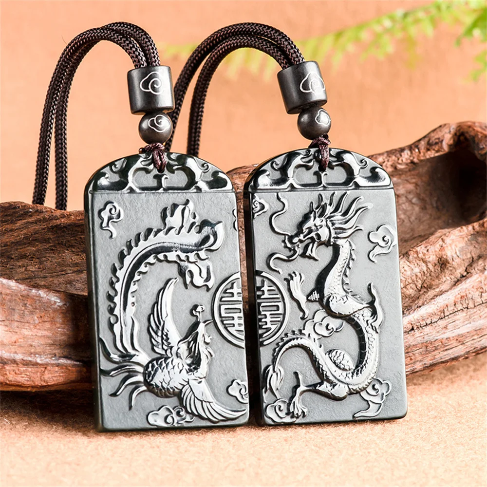 

Natural Black HeTian Jade Carved Chinese Dragon Phoenix Pairs Lucky Pendant Amulet Necklace Certificate Luxury Jade Jewelry Gift