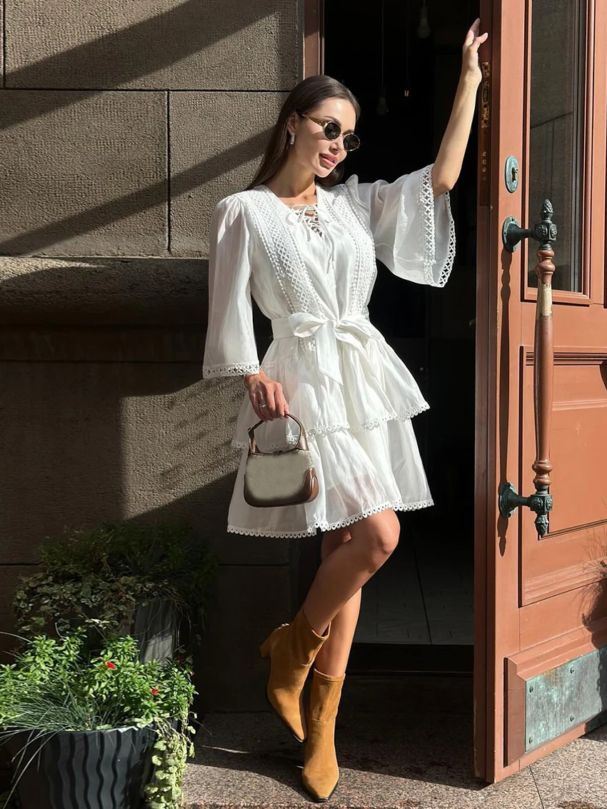 Marthaqiqi Elegant Women Sleepwear Sexy V-Neck Pajama Lace Up Nightie Three Quarter Sleeve Nightwear Mini Dress Ladies Nightgown