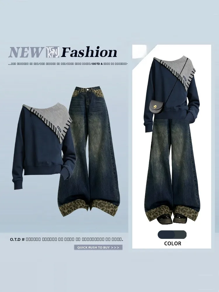 

Korean Color Blo ort Knitted Sweater Women's Wide Leg Jeans Winter Two Piece Set Faion Ensemble round Ne Long Sve