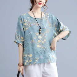 Cotton and Linen Large Size Summer Women Round Neck Vintage Loose Printing Pure Cotton Short Sleeved Casual Pure Cotton T-shirt