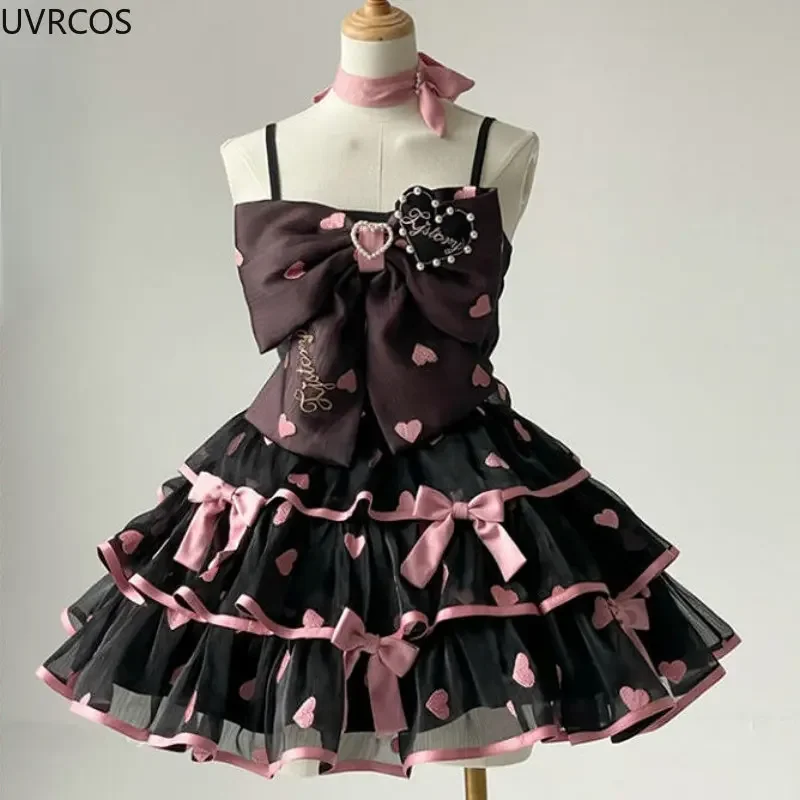 Abiti Lolita vittoriani giapponesi donna Gothic Cute Lace Bow Y2k canotte a strati Love Cake gonna Suit Kawaii Sweet Lolita Sets