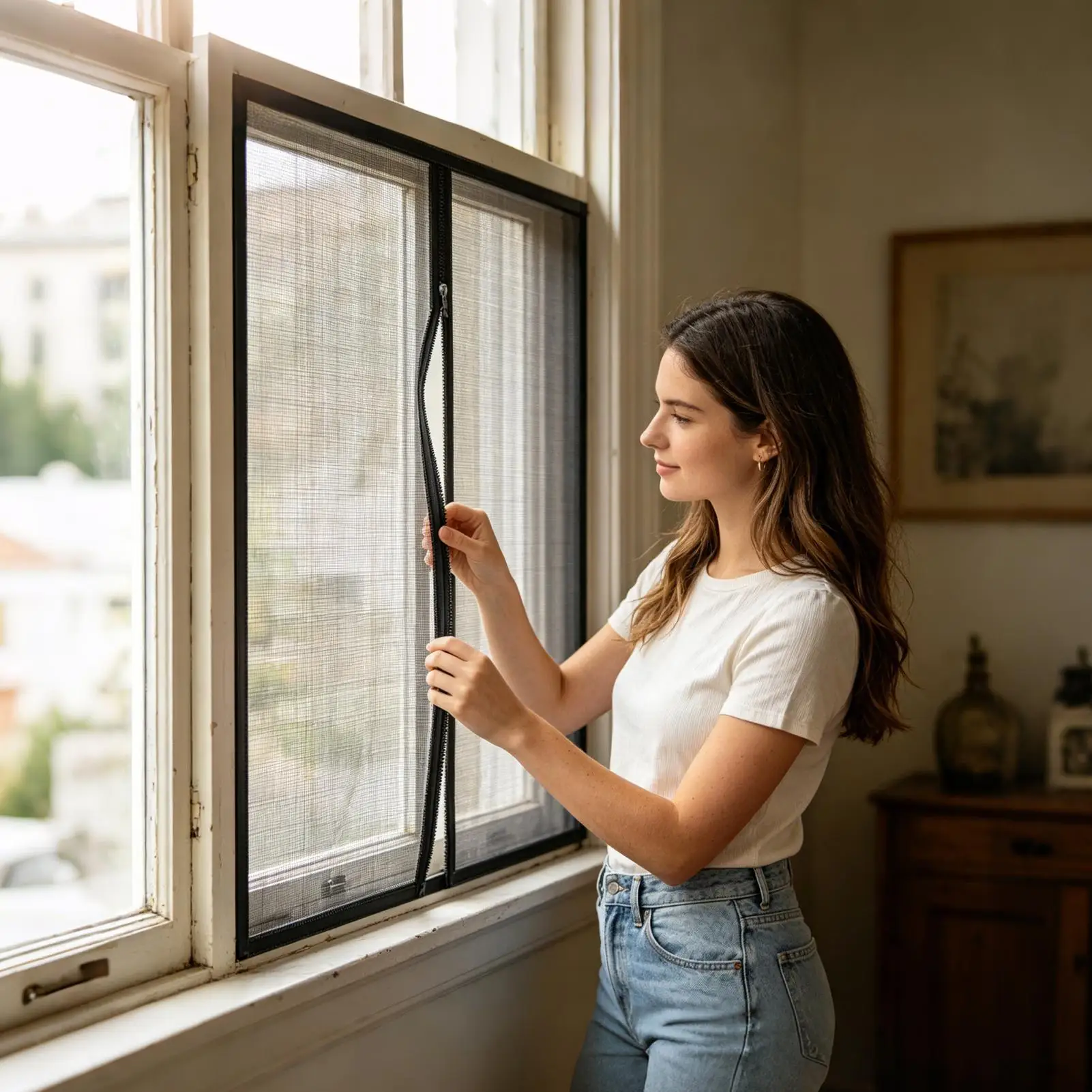 Zippered Mosquito Net For Window Wear Resistant Material Adhesive Installation Create Safe Barrier Widely Used In Family Living