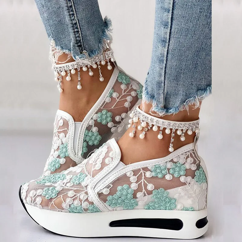 Ladies Platform Wedges For Women Sneakers Floral Embroidery Mesh Thick Bottom Slip On Organza Lace Gladiator Vulcanized Shoes