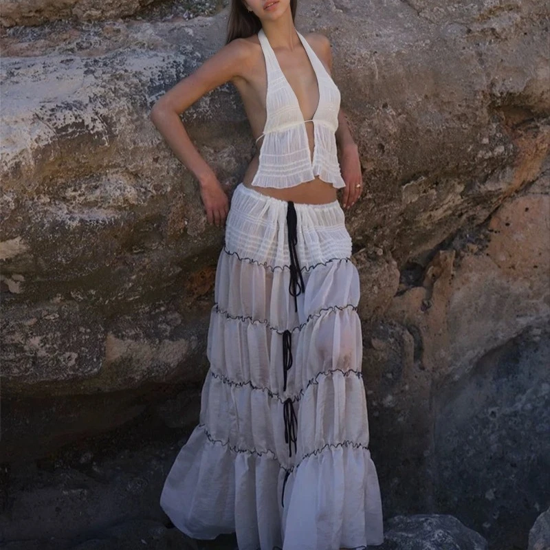 2025 New Women's French Elegant Sheer Three-Piece - Sexy Spaghetti Strap Two-Piece Maxi Skirt Island Beach Vacation Swimwear