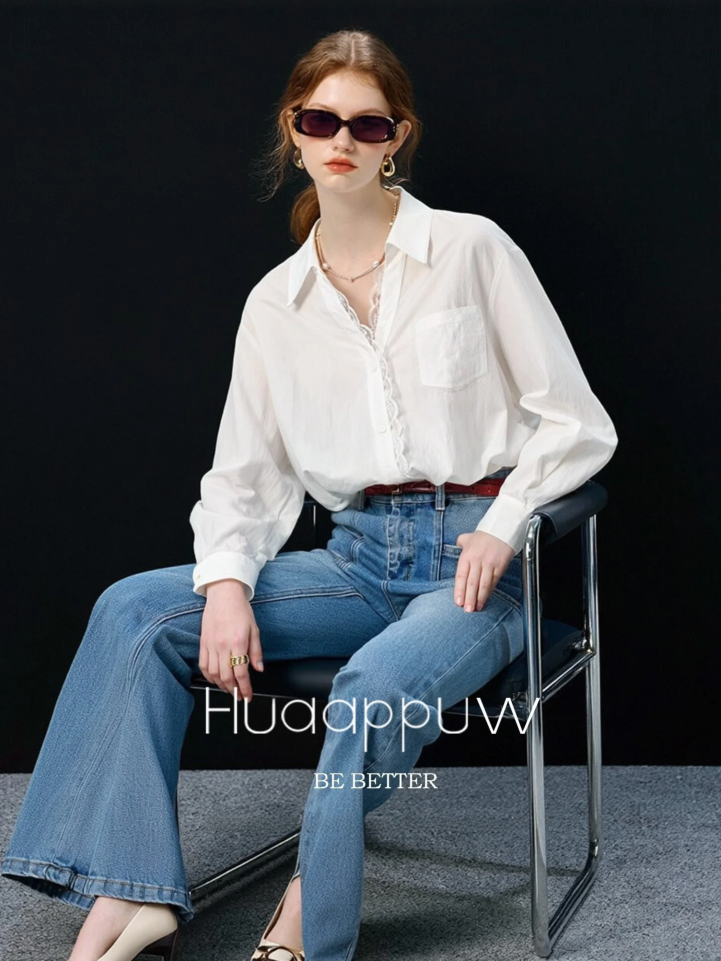 

Huaappuw Lace Patchwork Shirt Summer New Loose Long Sleeve Pocket Elegant Style Women's French Style Loose Fit Casual Shirt
