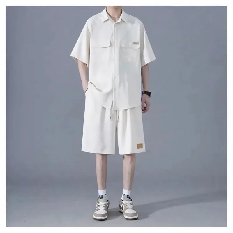 Spring Summer Fashion Short Sleeve Popularity Men's Clothing Korean Style Casual All Match Loose Rope Hombre Solid Sport Sets