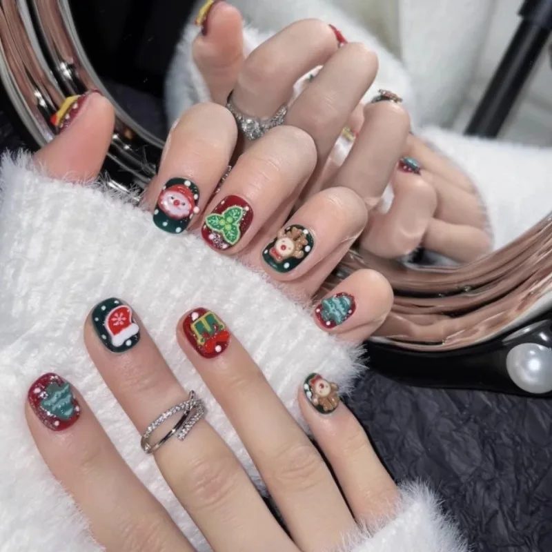 Christmas Small and Short Armor Wearing a Snowman Deer Detachable Fake Finger Nail Stickers Finished Product Personality