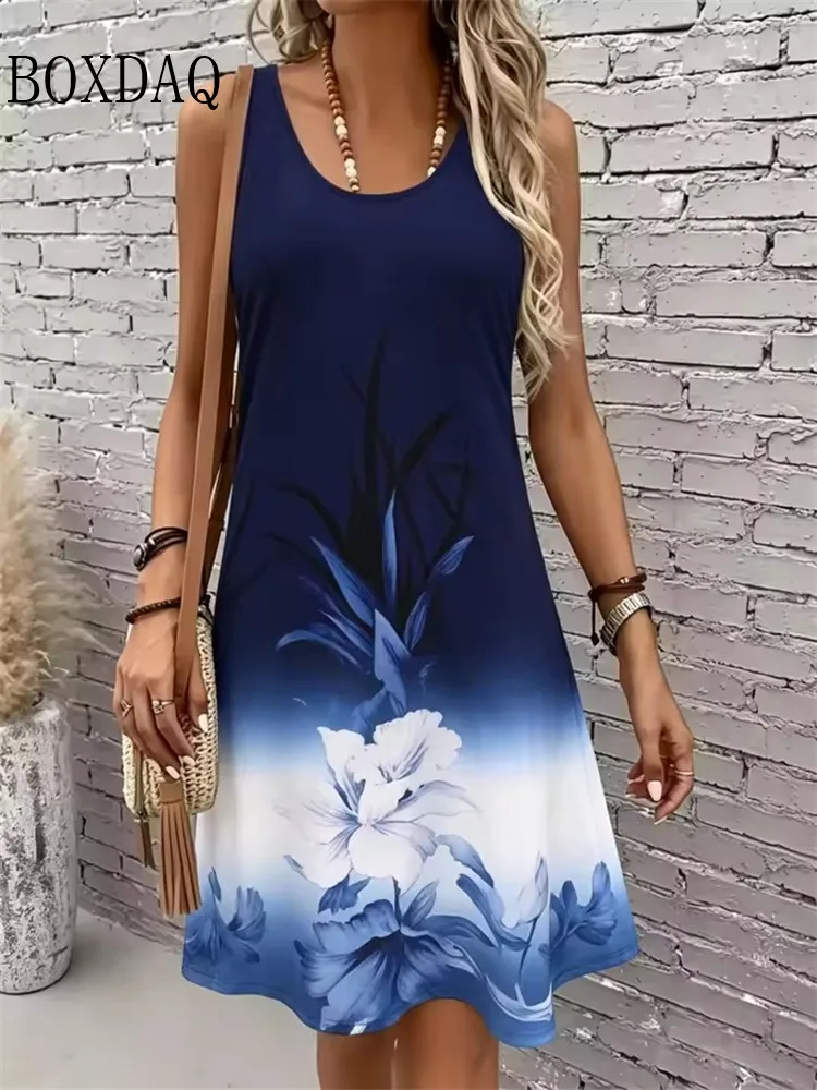 Gradient Flower Print Dress For Women Summer Casual Beach Party Sexy Sleeveless Plus Size Loose Dresses Ladies Clothing Sundress