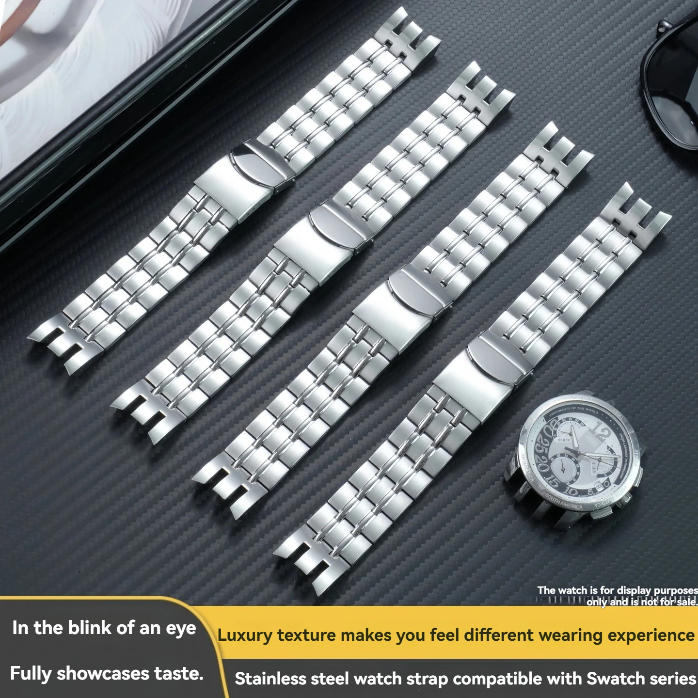 21mm Curved End Stainless Steel Watchband, Men Arc Concave Bracelet Compatible with Swatch YRS403 YRS412 YRS402G accessories
