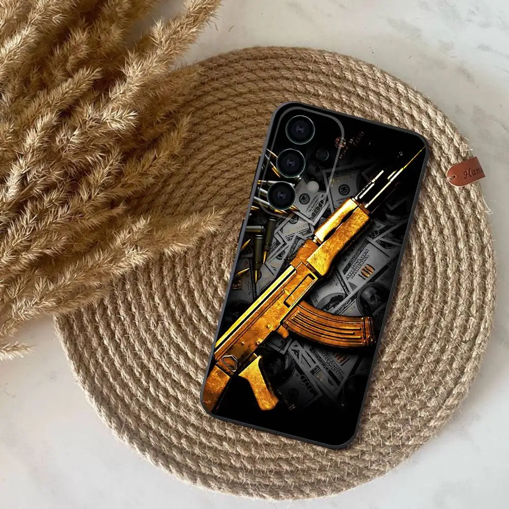 삼성 S25, S24, S21, S22, S23, S30, 울트라, S20, 플러스, Fe, 라이트, 노트, 10, 9, 5G용 폰 케이스 AK47 권총 총알 블랙 커버