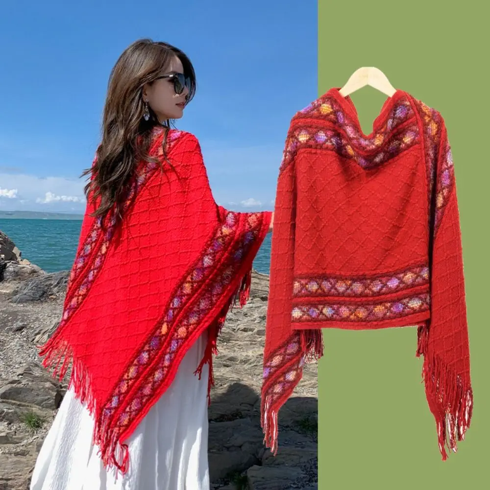 

Classic Printing Ethnic Style Scarf Stripe Rhombic Knitted Cape Fashion Large Tassel Scarves Travel Vacation