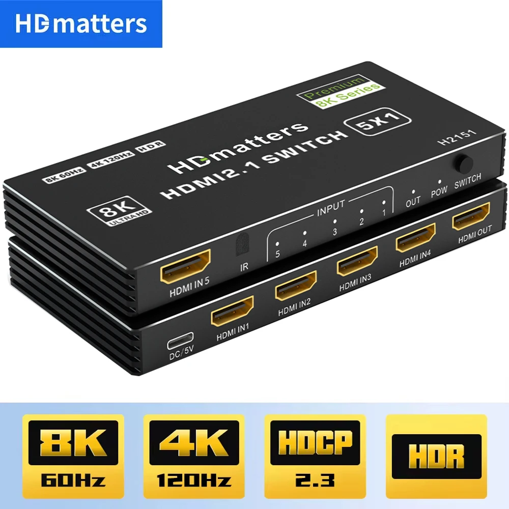 HDMI 2.1 Switch Splitter 120Hz 5-port HDMI 4K 120Hz Splitter Switcher CEC 48gbps HDMI 2.1 Switch 8K with remote HDMI HDR 8K 4K