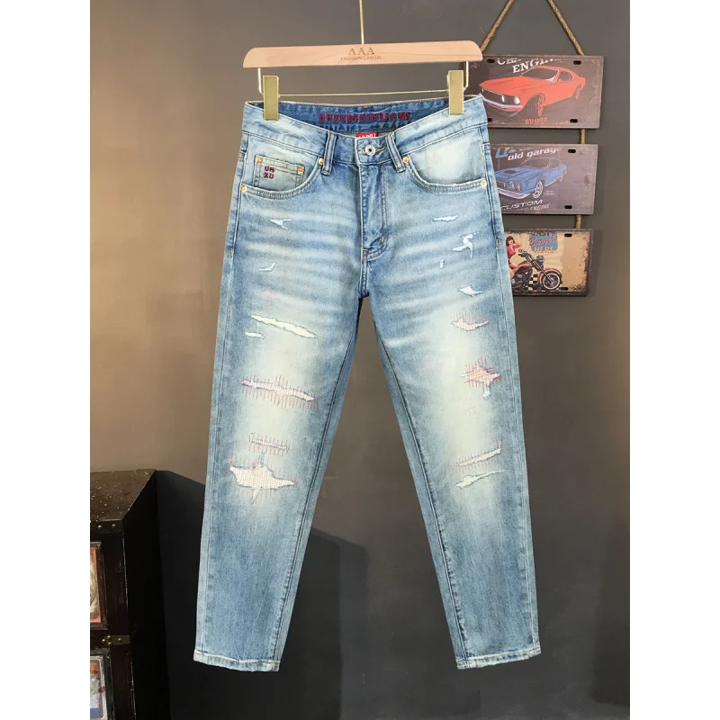 

Light blue jeans men's 2025 new spring and summer trendy brand ripped patch high-end slim fit small straight leg pants