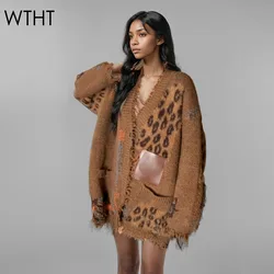 WTHT Trendy Women's Spliced Vintage Leopard Loose Knitted Cardigan 2024 Winter Fashion V-neck Long Sweater Female 1LS593