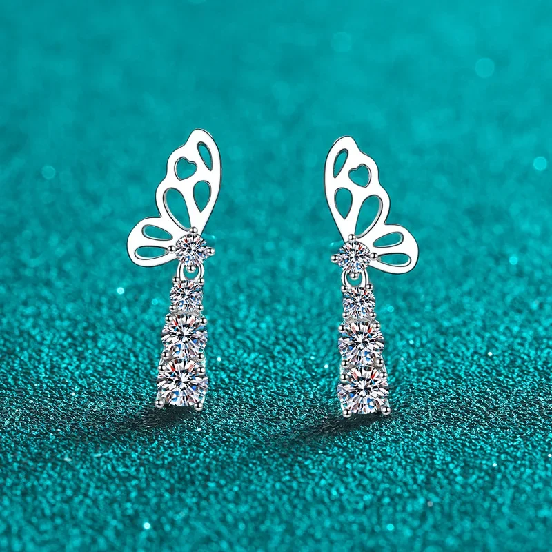 

1,24 карата D Цвет Муассанит S925 Серебряные серьги-капли для женщин с покрытием Pt950 Серьги-бабочки с кисточками Подарок любовнику оптом