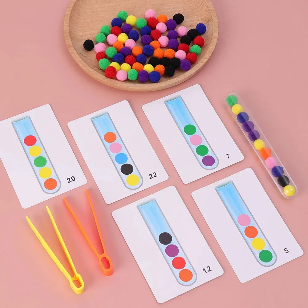 109Pcs Children\'s Educational Toy Test Tube Pompoms Tweezers Color Matching Card Fine Movement Sorting Set Montessori  Gift