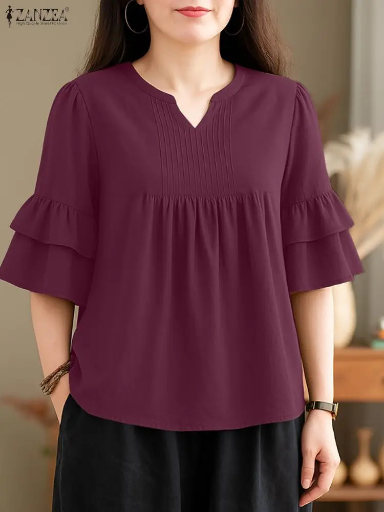 بلوزة نسائية أنيقة OL للعمل 2025 ZANZEA قميص صيفي أنيق للسيدات برقبة على شكل V 3/4 كم Blusas Mujer بلوزات فضفاضة غير رسمية #2