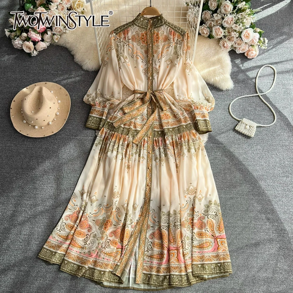 

TWOTWINSTYLE Vintage Print A Line Dress For Women Stand Collar Lantern Sleeve High Waist Casual Dresses Female Style KDR517933
