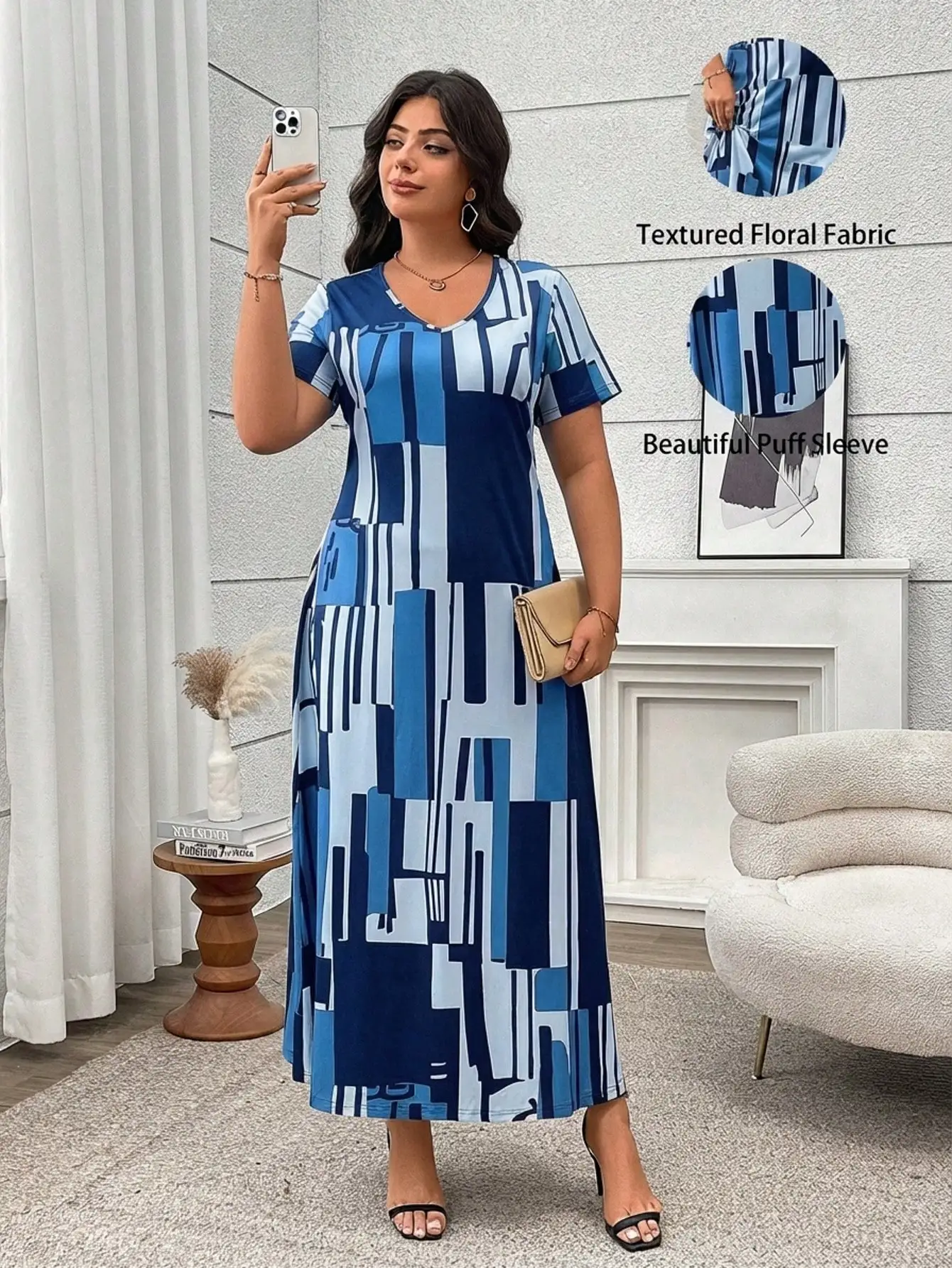 

Элегантное повседневное женское макси-платье с V-образным вырезом и абстрактным геометрическим принтом больших размеров