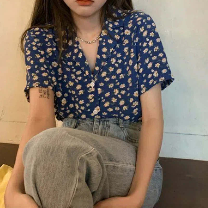 Women Clothing Vintage Floral Youth Loose Blouse Short Sleeve All-match Polo Neck Fashion Shirt Tops Casual Harajuku Summer New