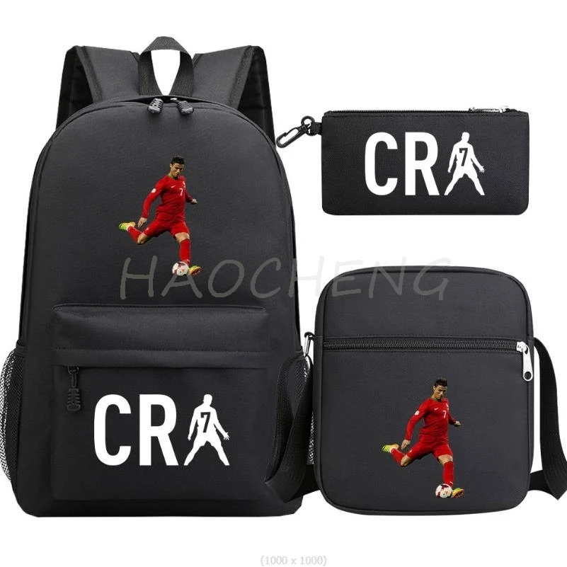 Mochila escolar de futebol para meninos adolescentes, mochilas escolares, sacos de viagem, Laptop Zipper Rucksack, estudantes sacos, CR7, novo, 3Pcs