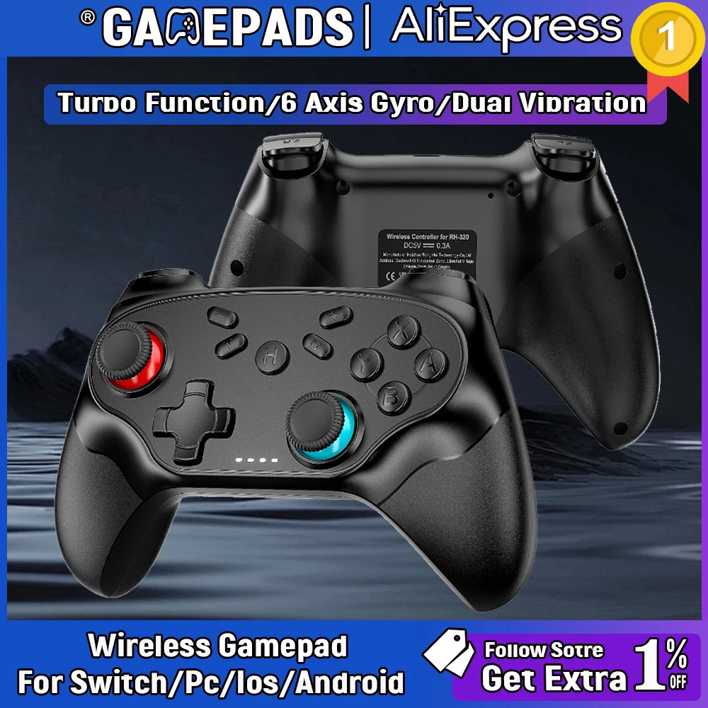 Mando inalámbrico para Nintendo Switch/iOS/Android, Bluetooth, con vibración turbo y joystick de control.