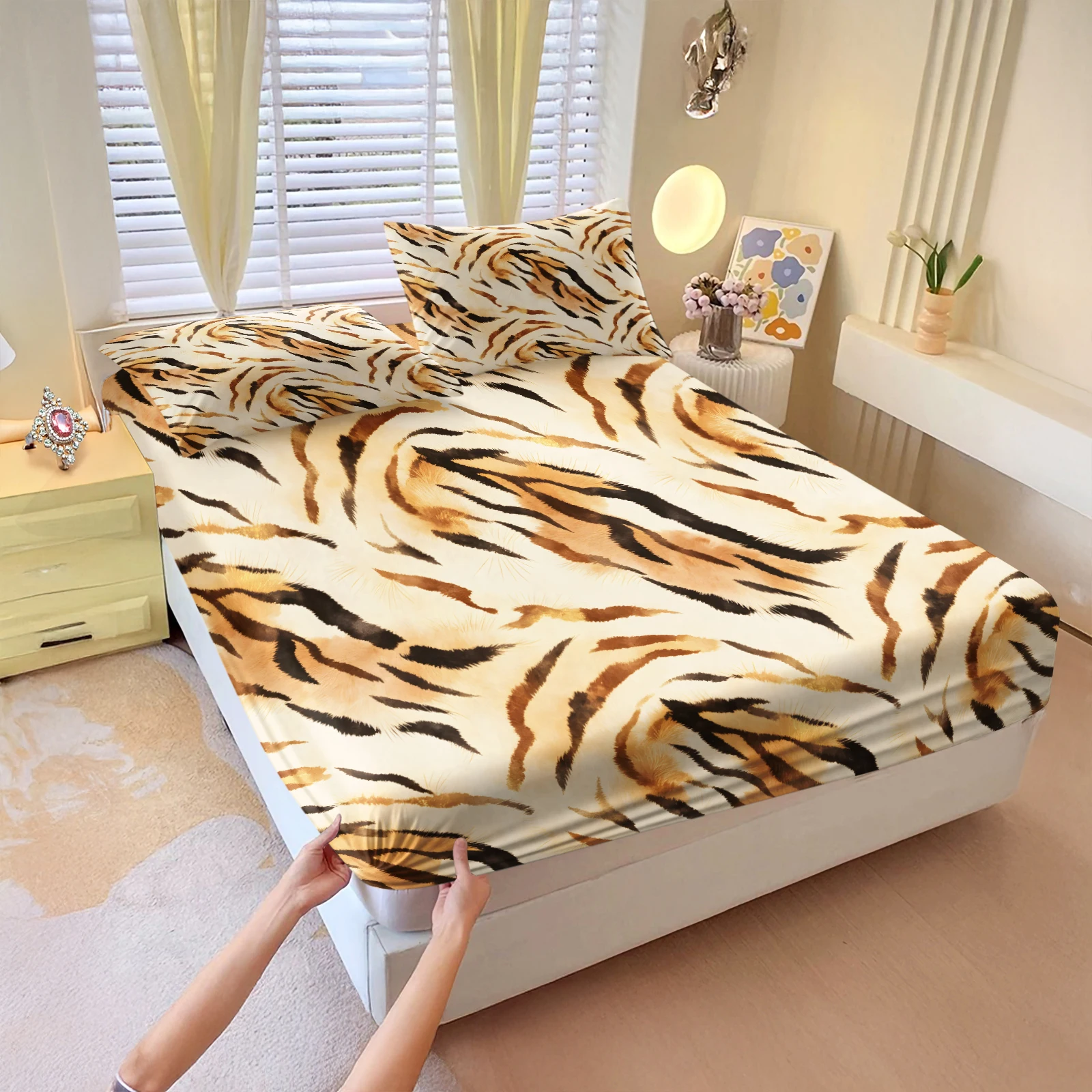 Vintage Tiger Fur Texture Fitted Bed Sheet Set Beige Brown Striped Animal Print Soft Deep Pocket Mattress Cover with Pillowcases
