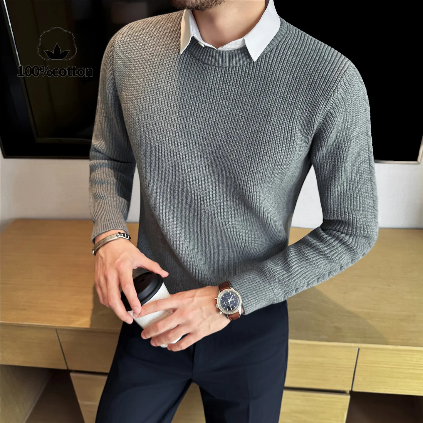 

Мужская толстая искусственная двухсекционная рубашка с воротником-рубашкой из 100% хлопчатобумажной пряжи с защитой от катышков и вязаными рукавами