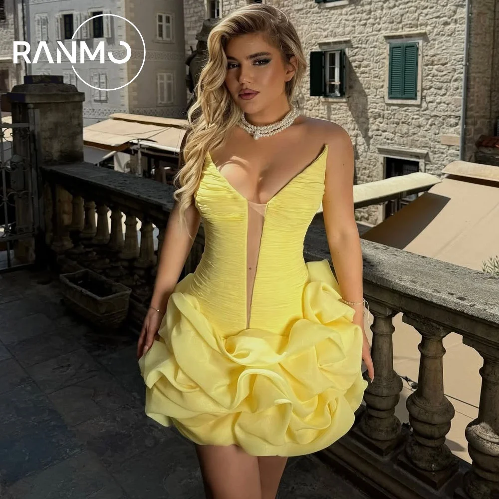Ranmo 2026 Sweetheart Yellow Short Prom Gown Sleeveless Pleat Mini Customized Sexy New فساتين سهرات Cocktail Dress