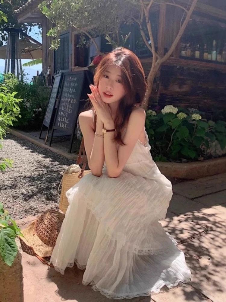 Estilo francês branco elegante vestido de renda cinta espaguete em camadas vestidos de verão praia férias 2025 novo vestido longo feminino para meninas
