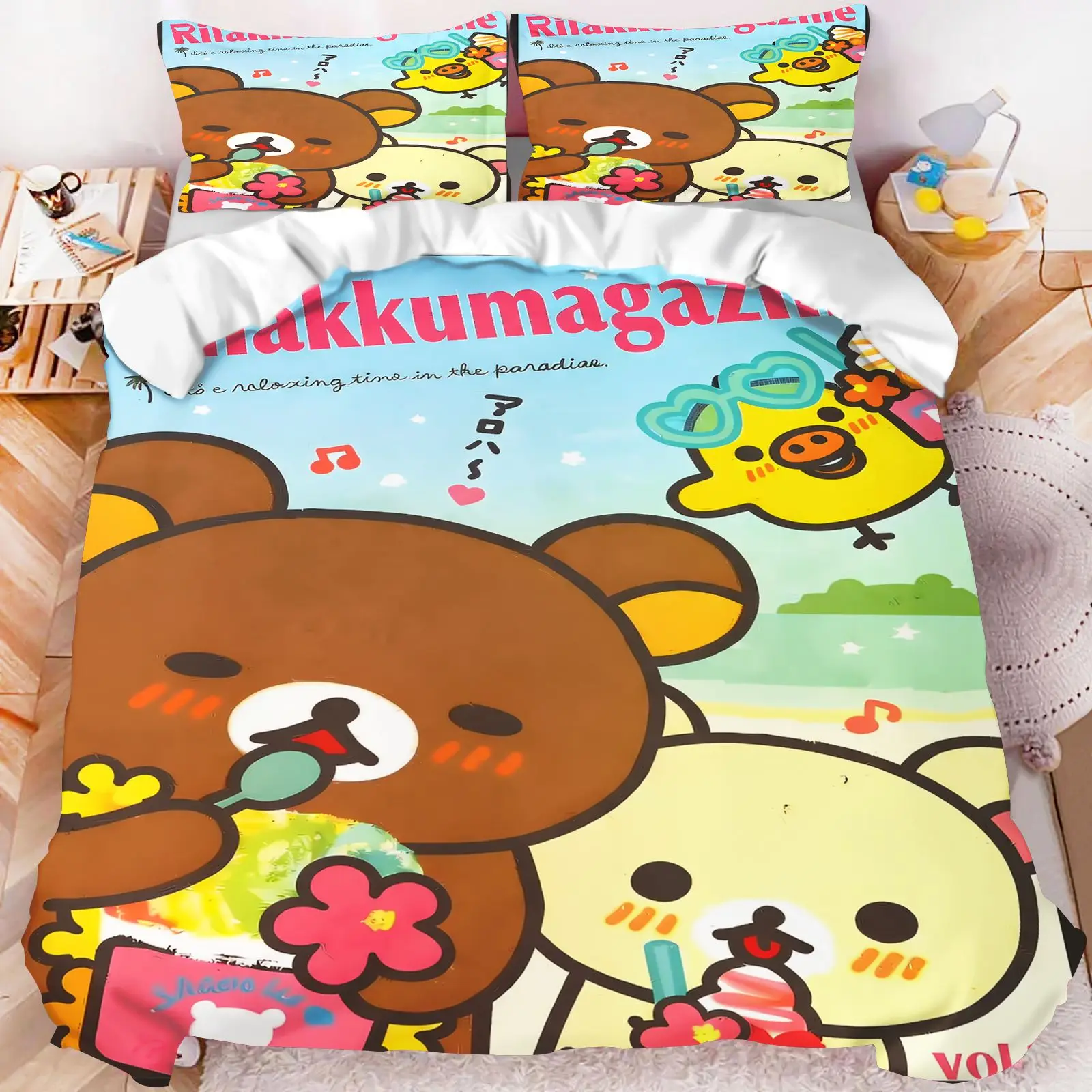 Rilakkuma Ice‑Cream Cone Cartoon Bedding Set Cute Bear Print Duvet Cover With Pillowcase Soft Kawaii Bedroom Bed Linens