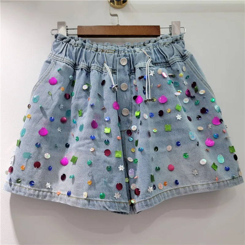 

Women's Fashion Short Jeans Wide Leg Loose Denim Shorts High Waist A-line Colorful Sequins Design Short Pants 2025 New Summer