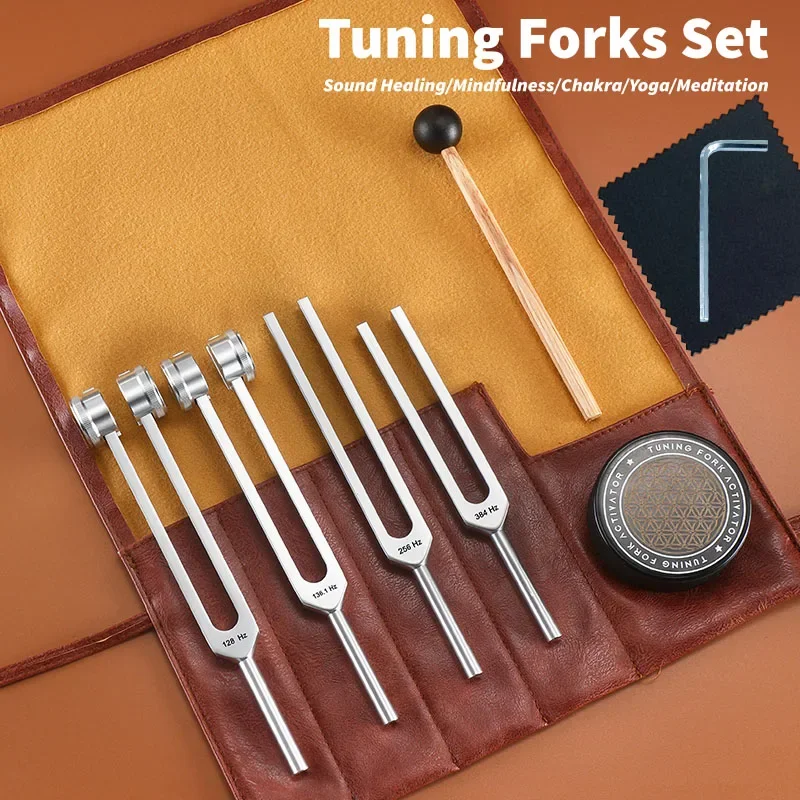 Resonance Sound Healing Tuning Fork Set 6PC-128Hz, 136.1Hz, 256Hz, 384Hz with Activator for Chakra,Yoga,Stress Relief Relaxation