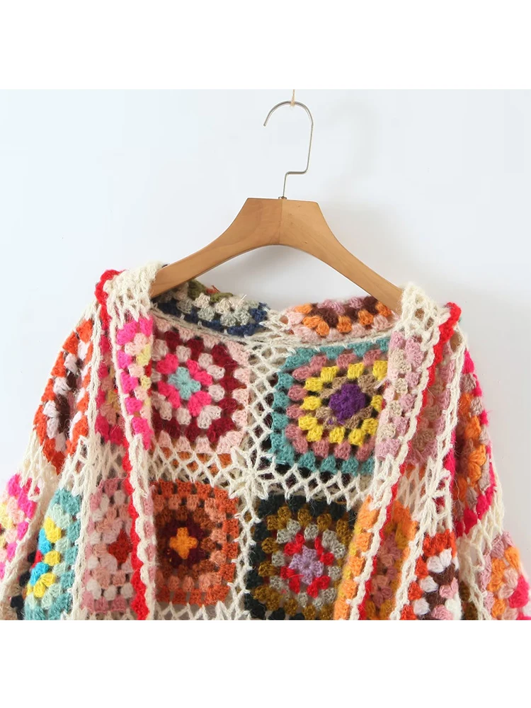 YENKYE New Autumn Women Handmade Crochet Knit Hooded Cardigan Vintage Multicolor Long Sleeve Female Boho Knit Sweater