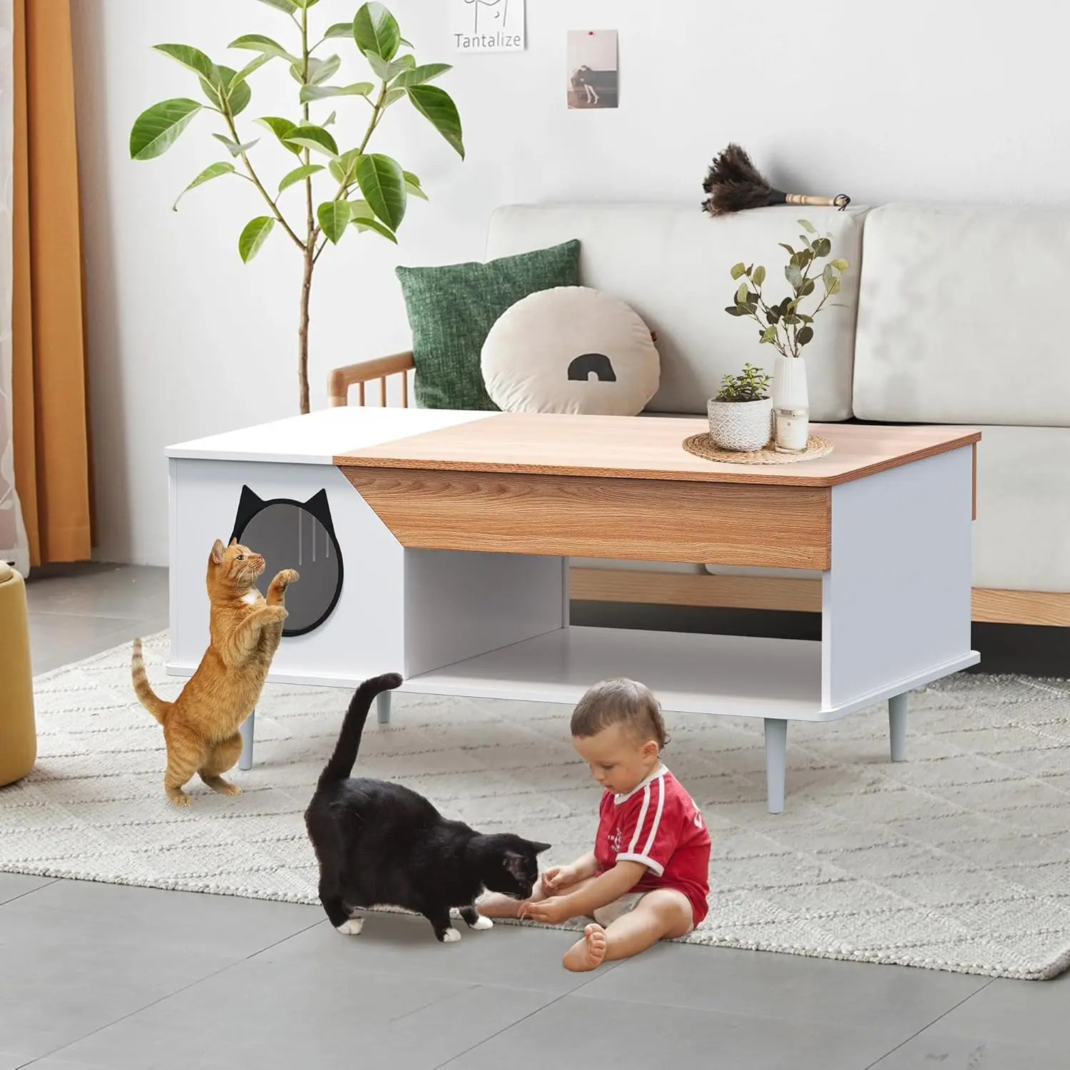 

45" White Rustic Wooden Coffee Table - Multifunctional Cat Furniture with Storage Drawer & Hidden Cat House