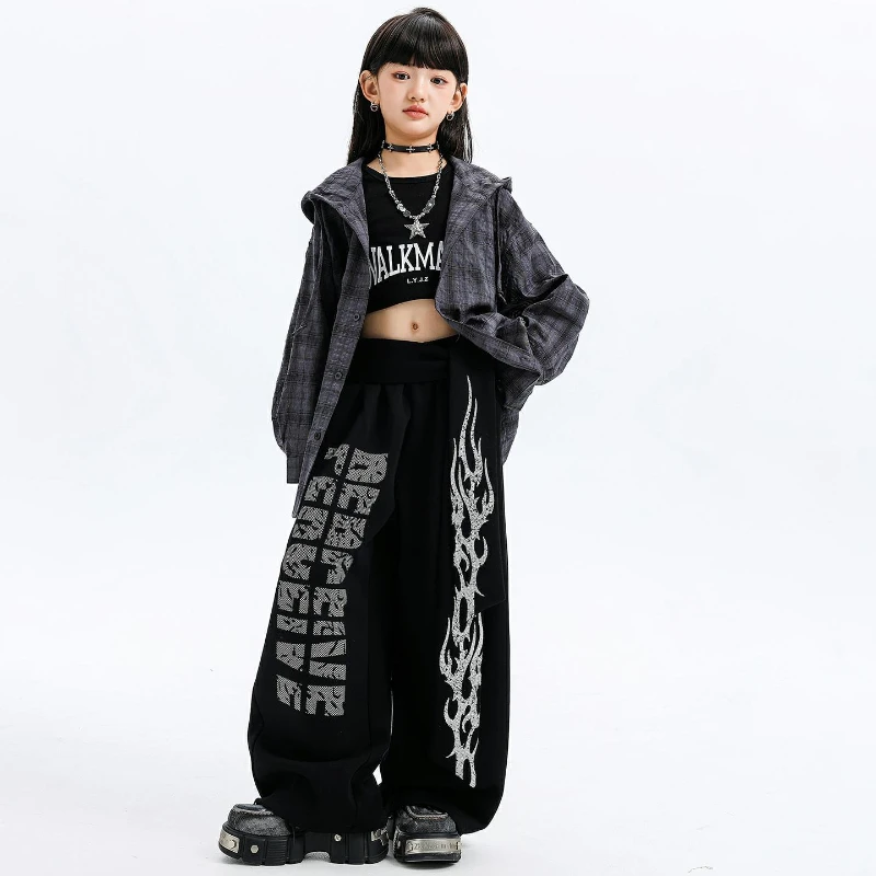Costumi di danza jazz per ragazze Camicia scozzese con cappuccio Pantaloni di pelle Cool Kpop Outfit Gruppo Moda Hip Hop Street Dance Performance Wear