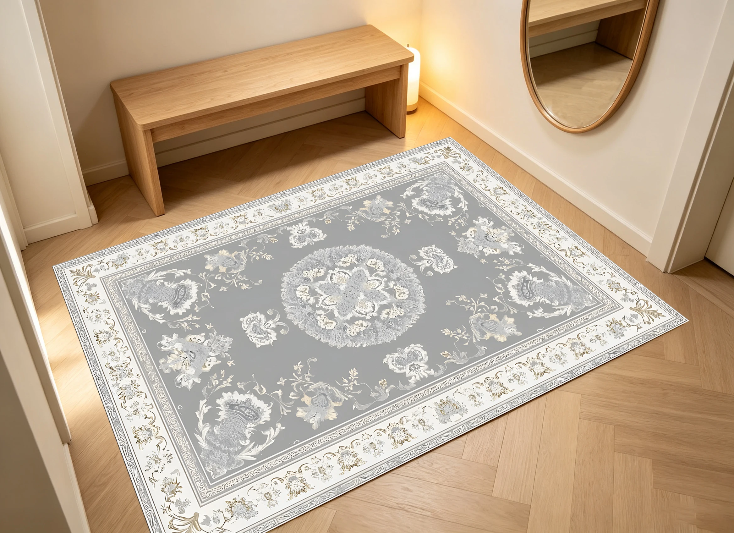 2D Large Rug in Gray European Retro Pattern, Soft & Comfortable, for Living Room & Bedroom, Enhances the Space & Adds a