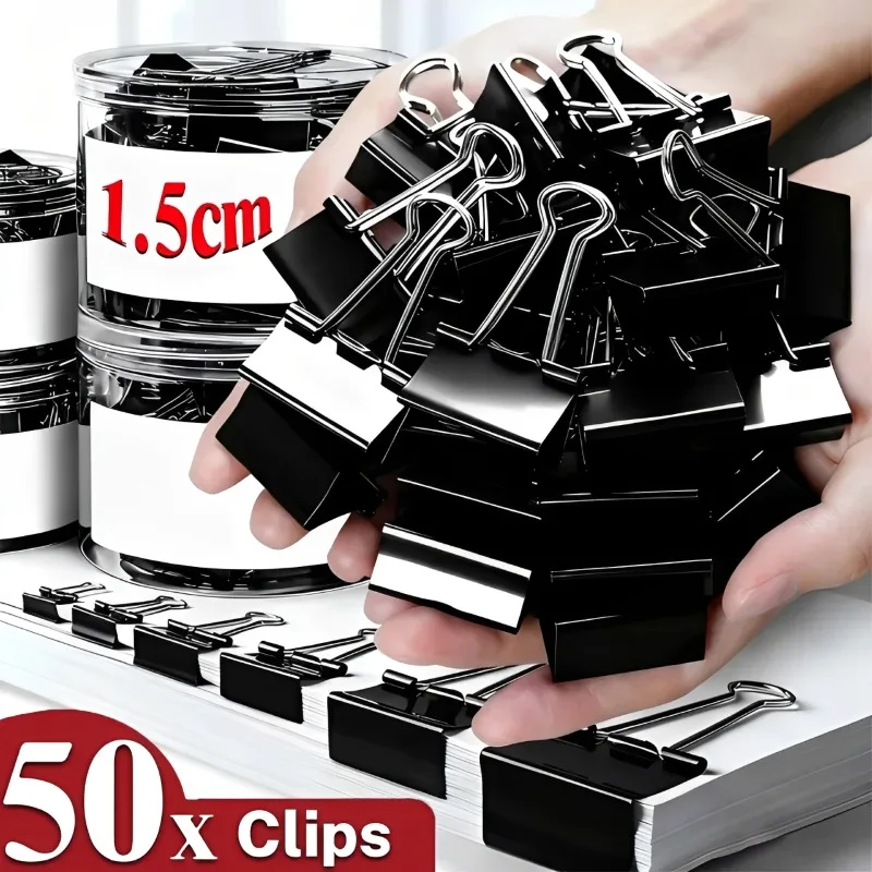 50/10PCS Black Paper Clip 15mm Foldback Metal Binder Clips Black Grip Clamps for Office School Stationery Paper Document Clips
