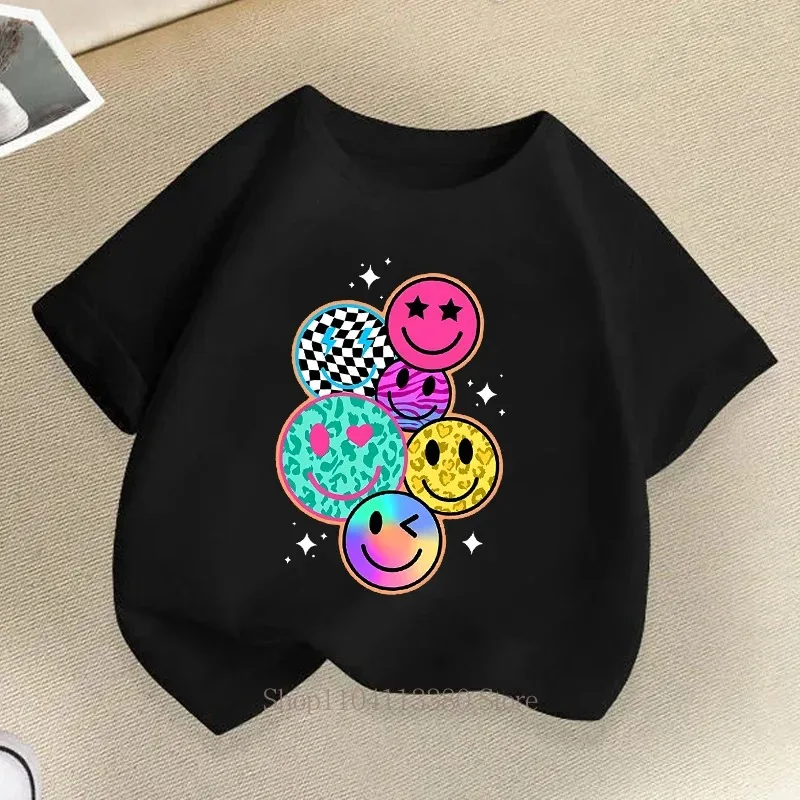 Cartoon smiley face printed t-shirts for kids, summer t-shirts for kids, fun and colorful casual short-sleeve t-shirts