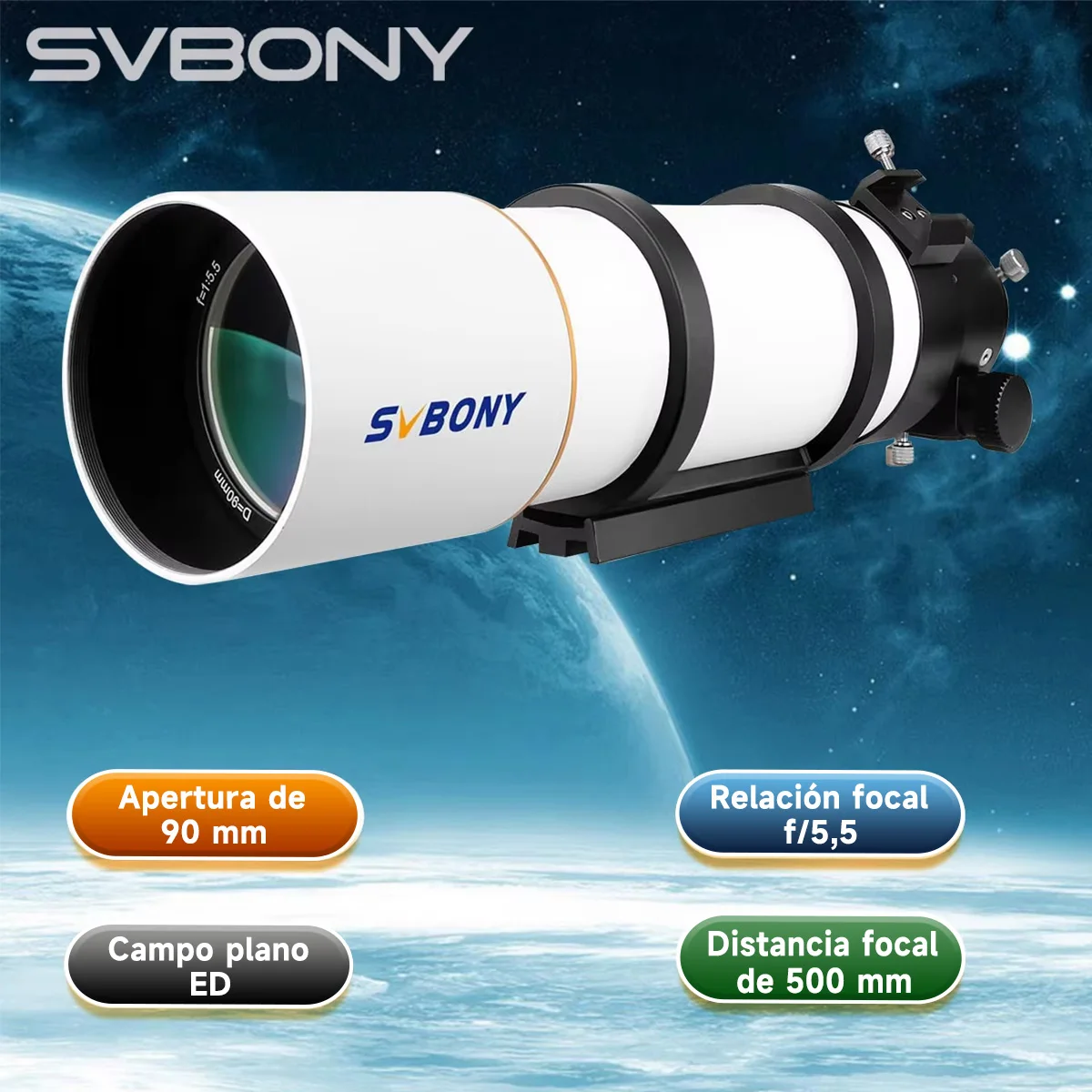 Telescopio Astronómico Svbony SV48P con Apertura de 90/102 mm, Enfocador de Doble Velocidad, Refractor para Astrofotografía del Cielo Profundo