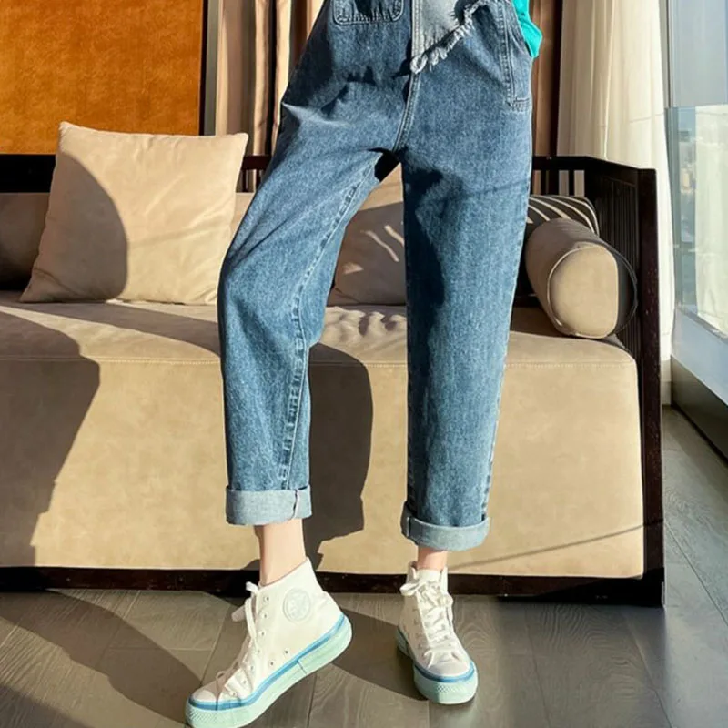 Salopette di jeans da lavoro retrò da donna, tute di jeans larghe a vita alta di nuova moda primavera estate femminile, pantaloni casual a gamba larga