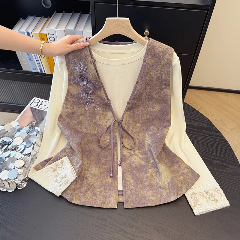 New Chinese Style Silk Embroidered Handmade Beaded Vest Women's Fashionable Shoulder Pad Top Cotton Lyocell Fiber Blend