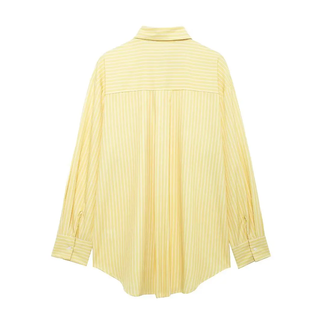 TRAF Striped Oversized Shirt Women Yellow Button up Long Shirt Woman Long Sleeve Shirts and Blouses Women Summer Casual Shirts