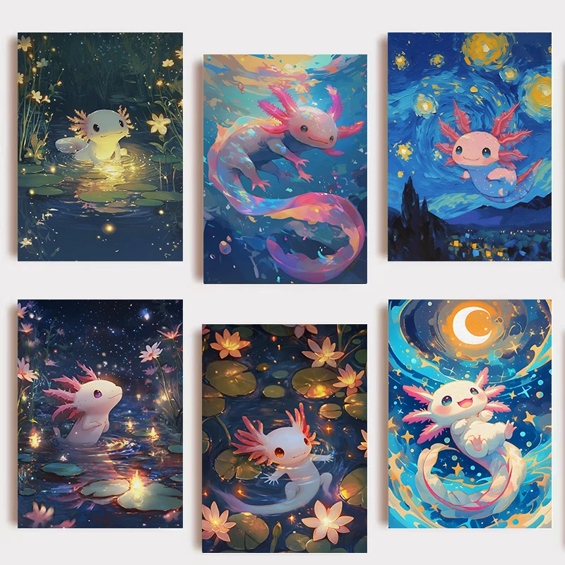 

Modern Colourful Axolotl Salamander Underwater Poster Cute Animal Cartoon Canvas Painting Wall Art for Living Room Home Decor