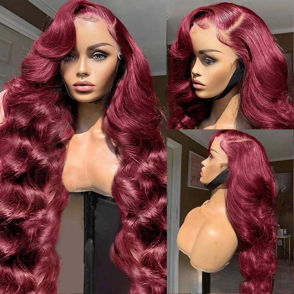 Peruca da onda do corpo do cabelo humano para mulheres, 99j Borgonha, 13x6, 30 ", 13x4, laço frontal, laço transparente HD, 220 densidade