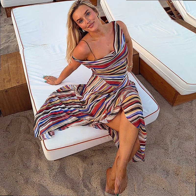 Colorblock Striped Drape Neck Sleeveless Dress Bodycon Waist Irregular Hem Long Dress Jumpsuit Playsuit for Spring Summer - view 6
